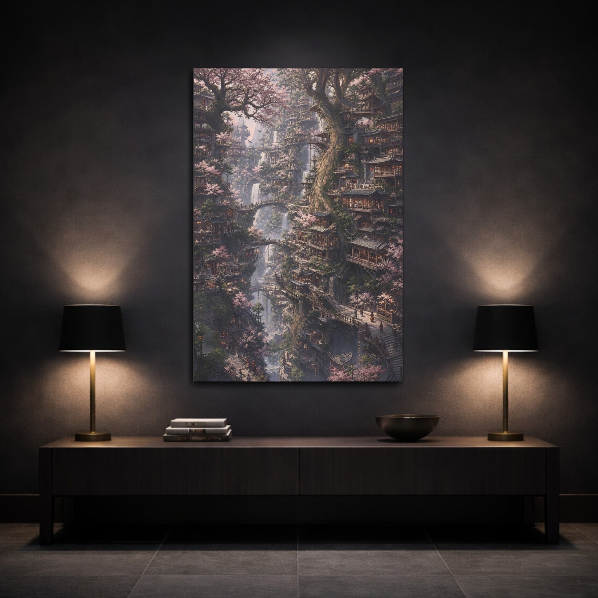 Mockup 3. Cherry Blossom Tree Village shown as canvas print