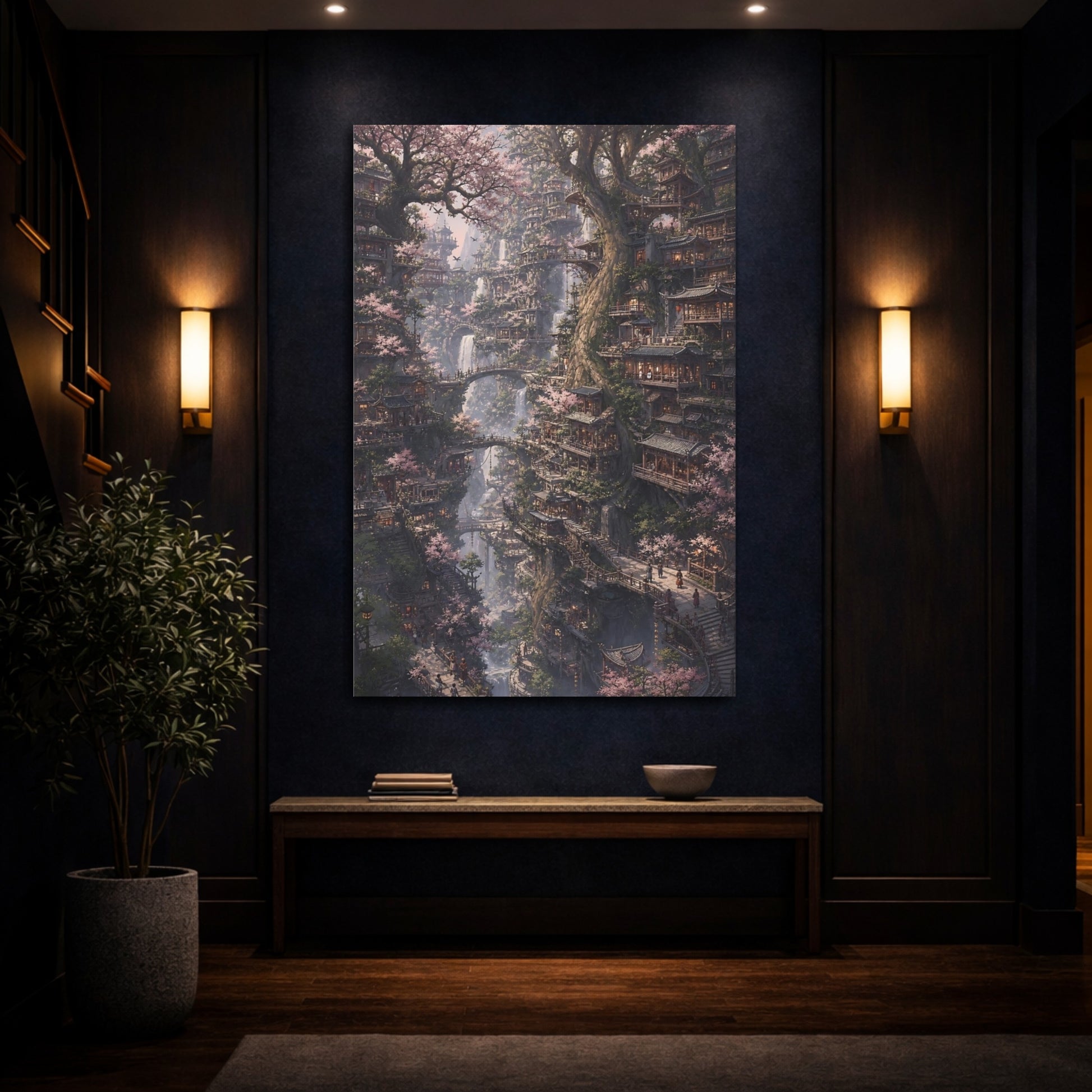 Mockup 4. Cherry Blossom Tree Village shown as canvas print