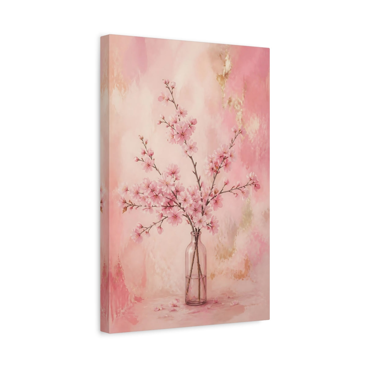 Side Mockup 4. Cherry Flowers In Glass Bottle shown as canvas print