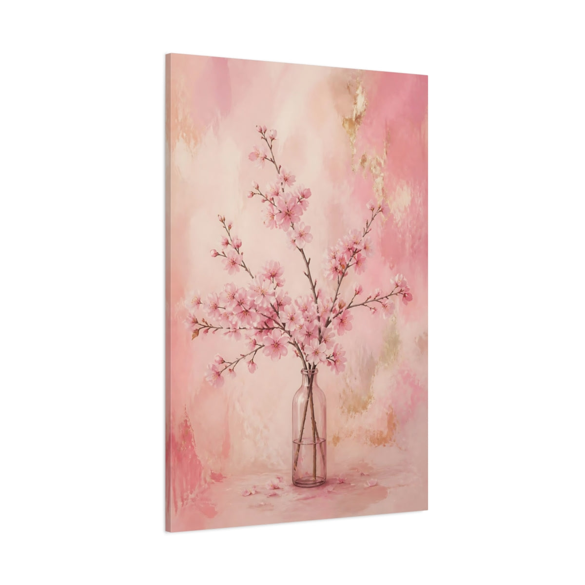 Side Mockup 1. Cherry Flowers In Glass Bottle shown as canvas print