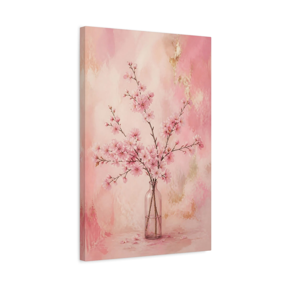 Side Mockup 3. Cherry Flowers In Glass Bottle shown as canvas print