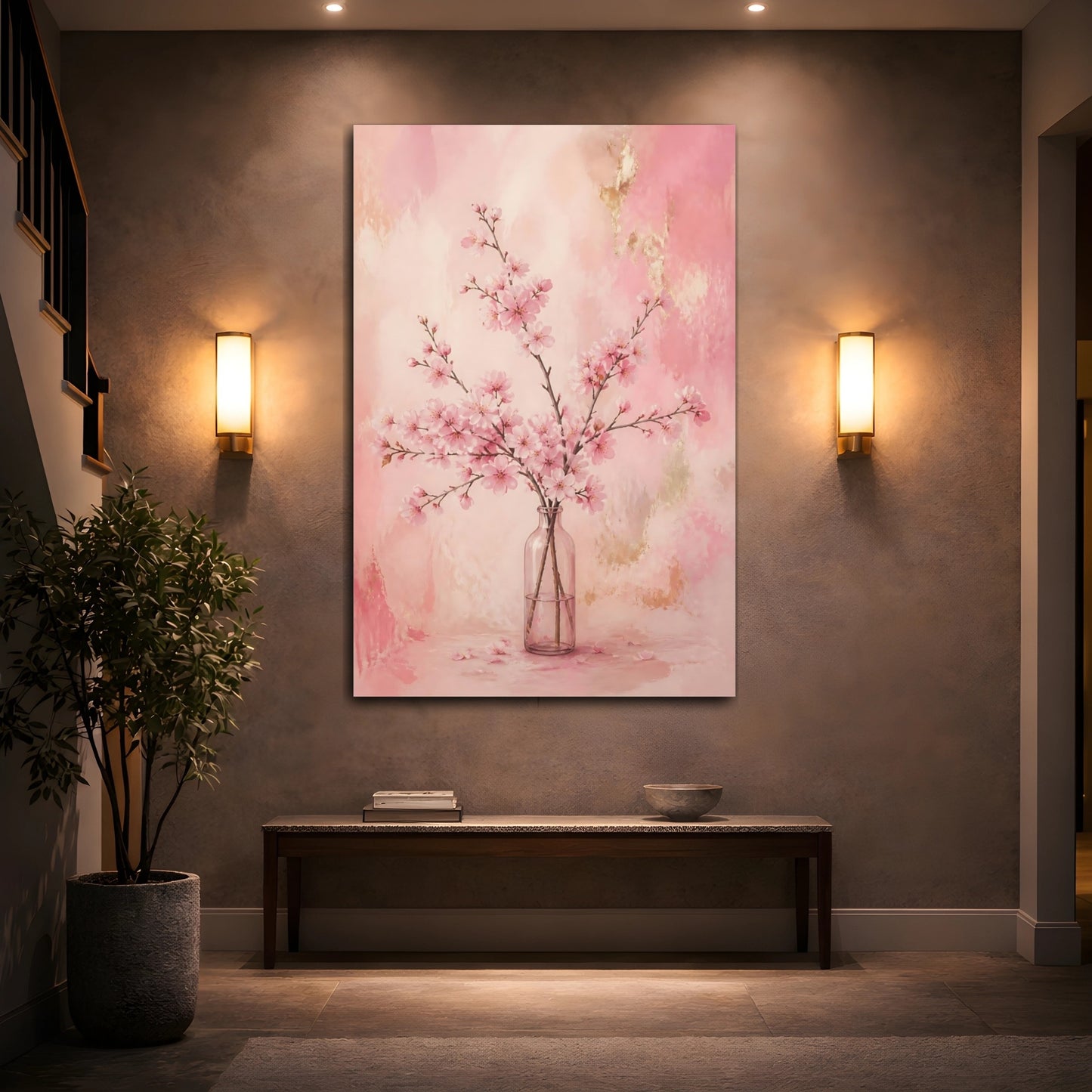 Mockup 2. Cherry Flowers In Glass Bottle shown as canvas print