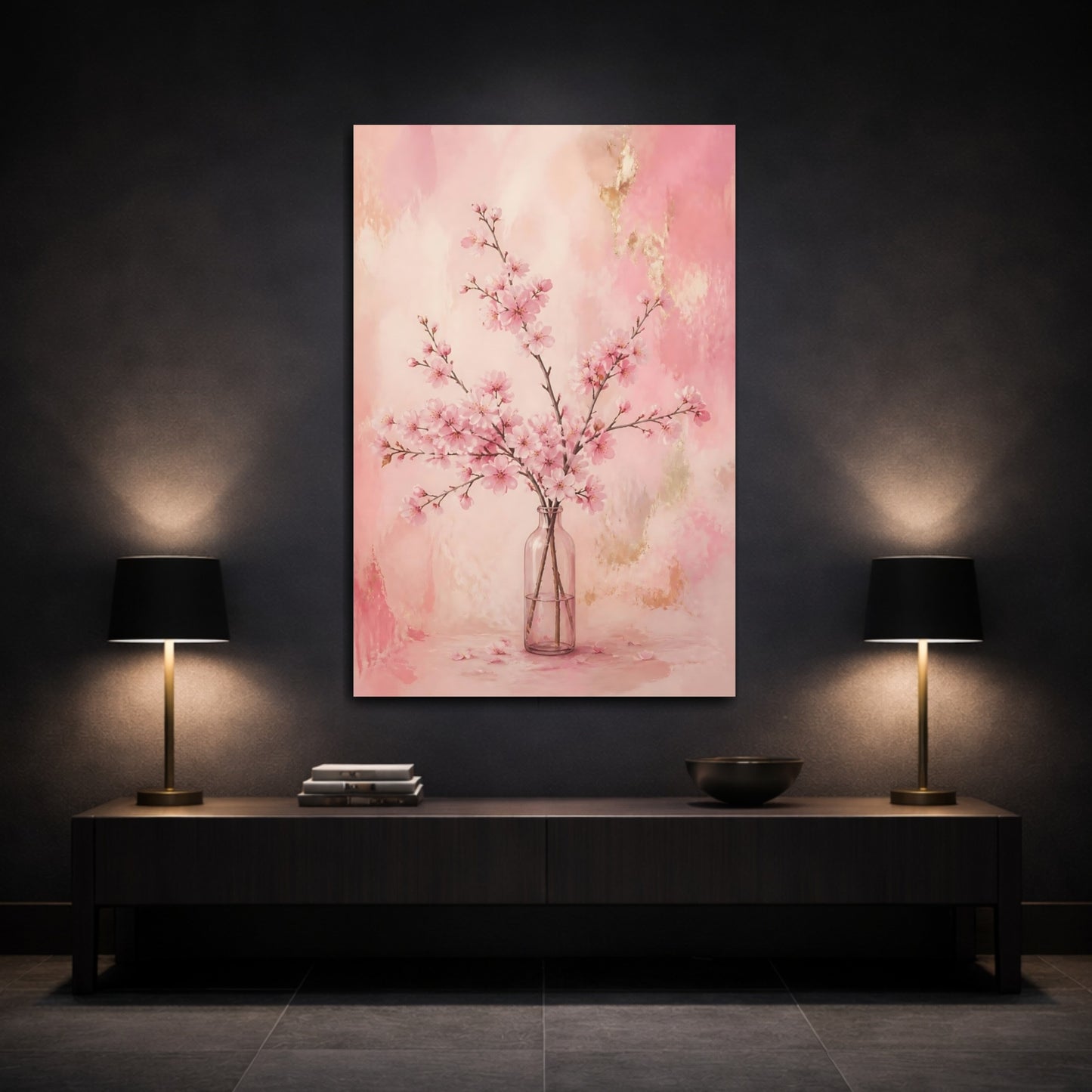 Mockup 3. Cherry Flowers In Glass Bottle shown as canvas print