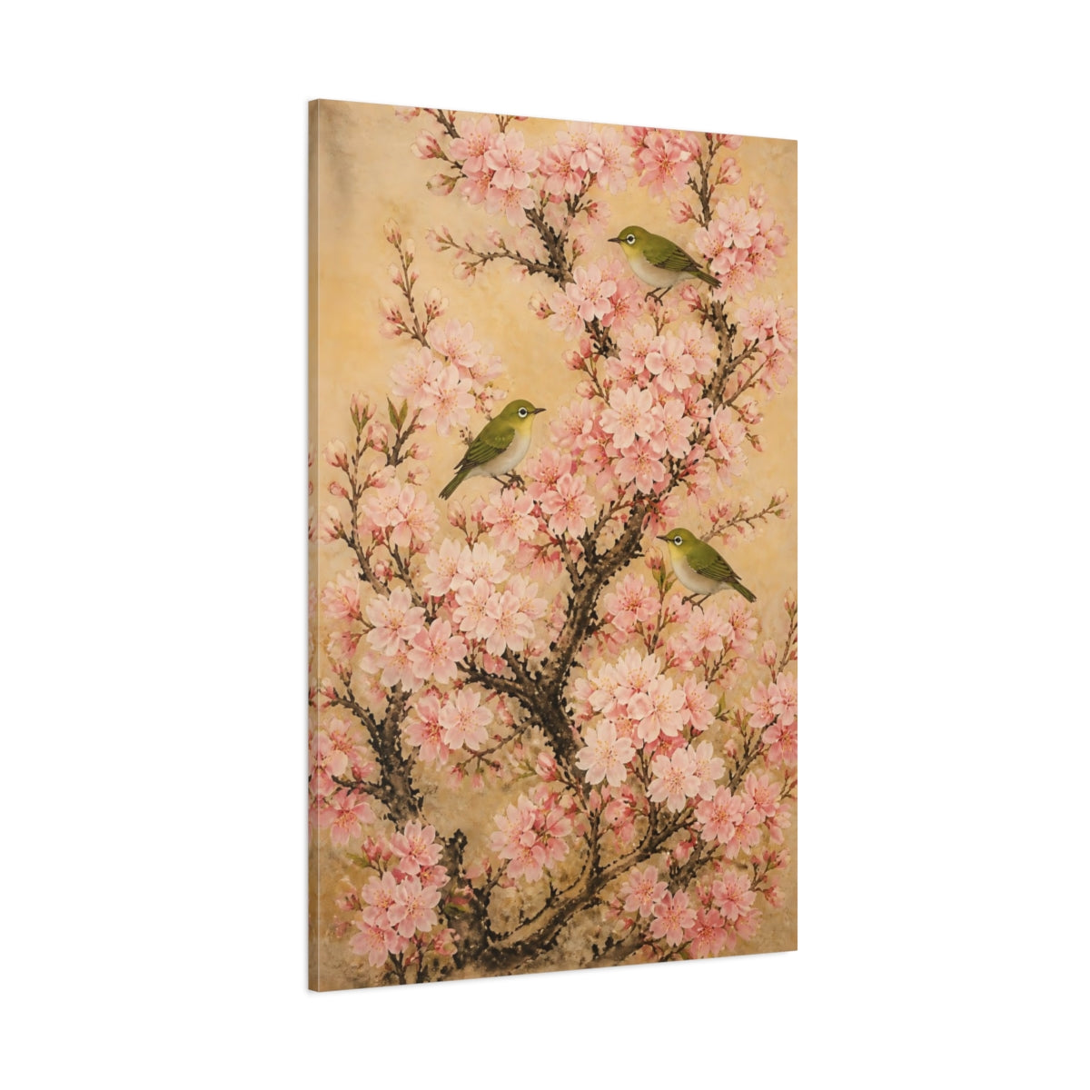 Side Mockup 1. Cherry Flowers With Green Birds shown as canvas print
