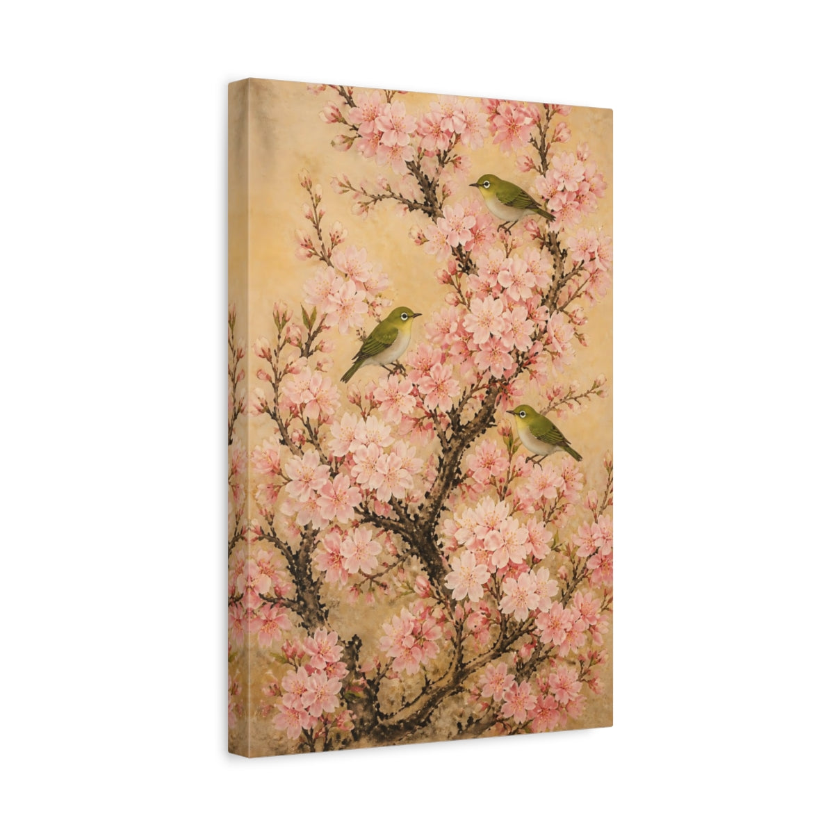 Side Mockup 4. Cherry Flowers With Green Birds shown as canvas print