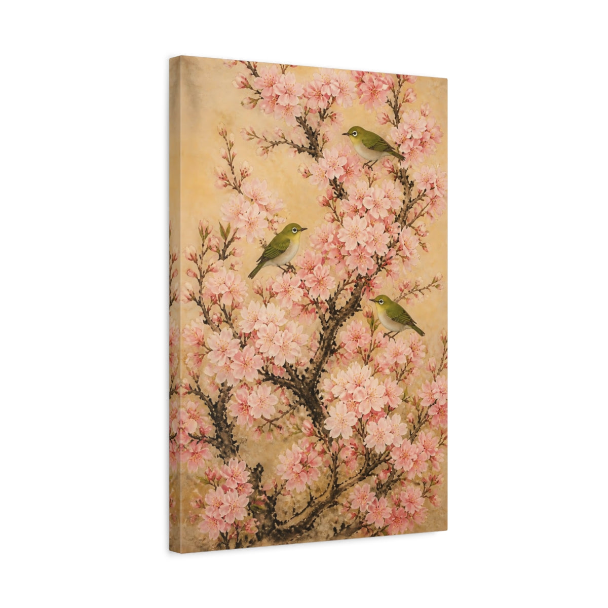 Side Mockup 3. Cherry Flowers With Green Birds shown as canvas print