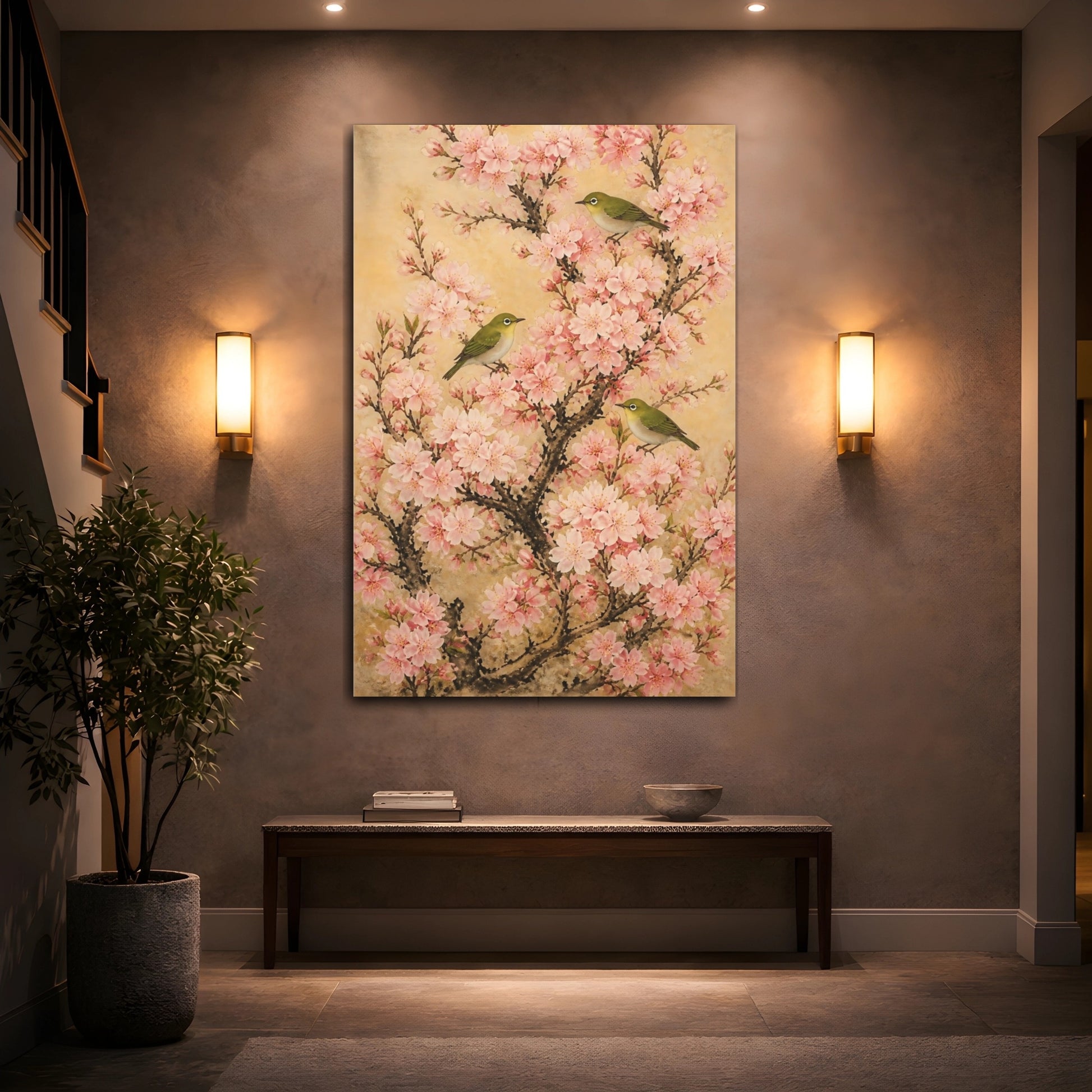 Mockup 2. Cherry Flowers With Green Birds shown as canvas print