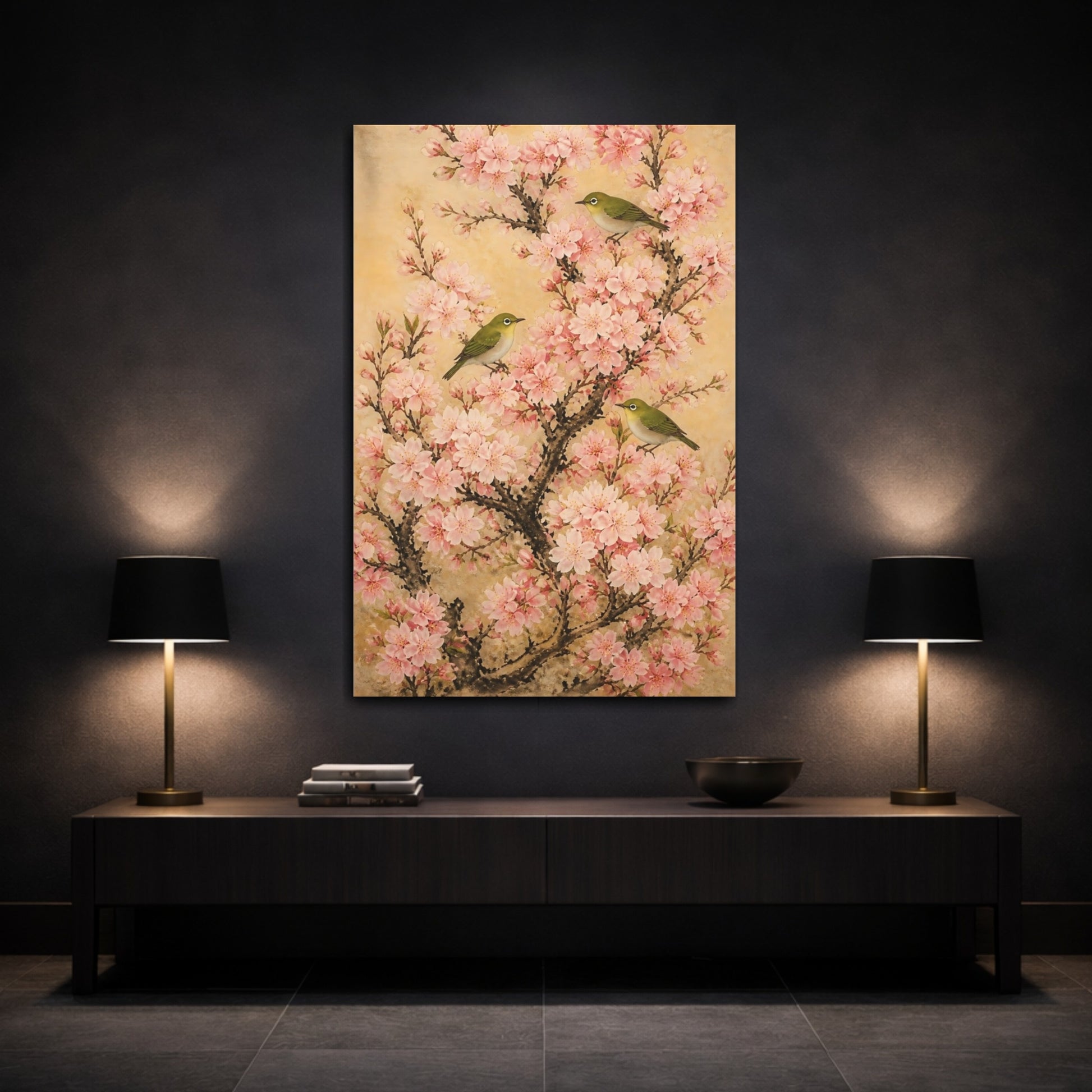 Mockup 3. Cherry Flowers With Green Birds shown as canvas print