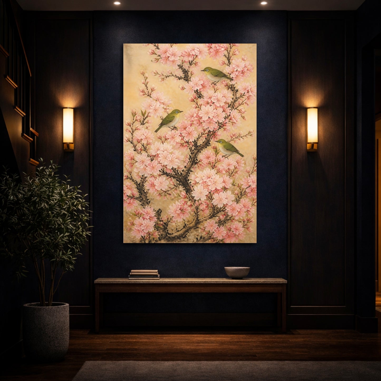Mockup 4. Cherry Flowers With Green Birds shown as canvas print