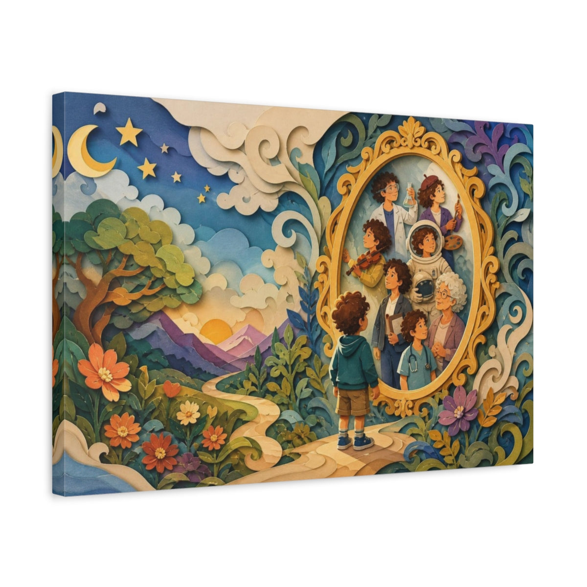 Side Mockup 3. Child's Mirror Of Futures shown as canvas print