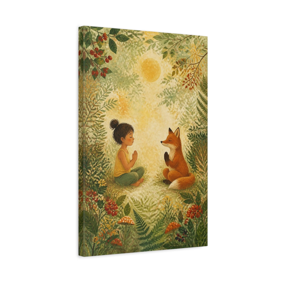 Side Mockup 3. Child Yoga With Fox shown as canvas print
