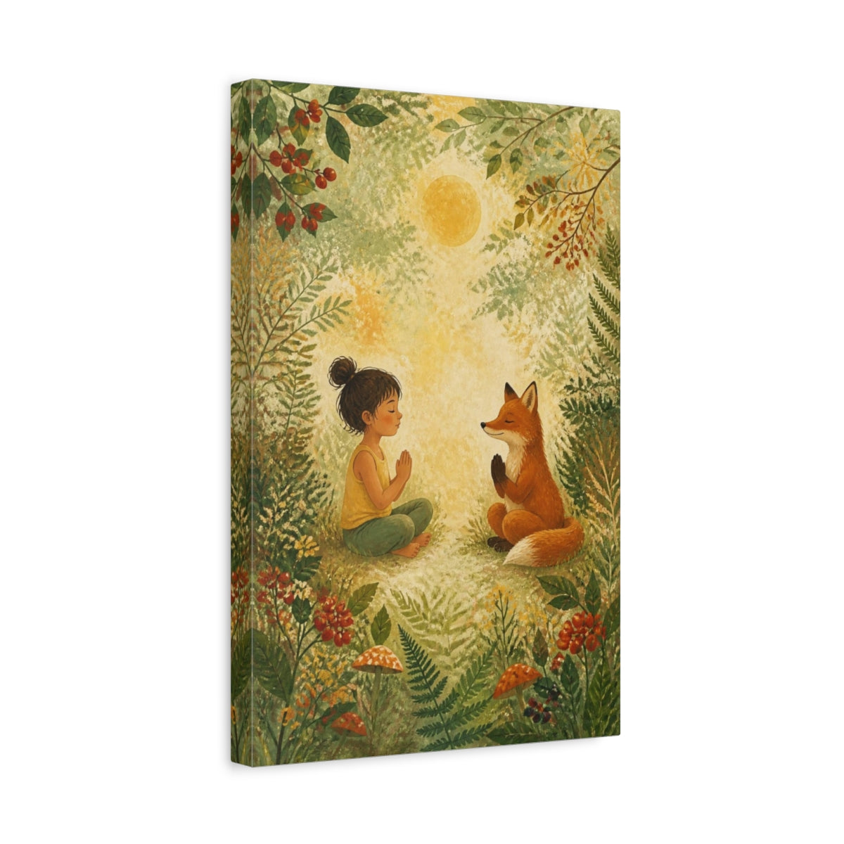 Side Mockup 4. Child Yoga With Fox shown as canvas print