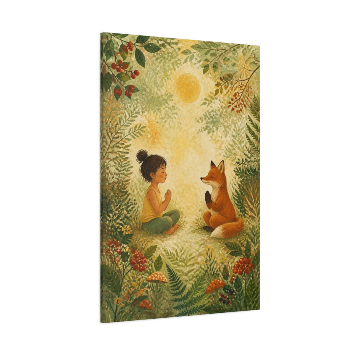 Side Mockup 1. Child Yoga With Fox shown as canvas print