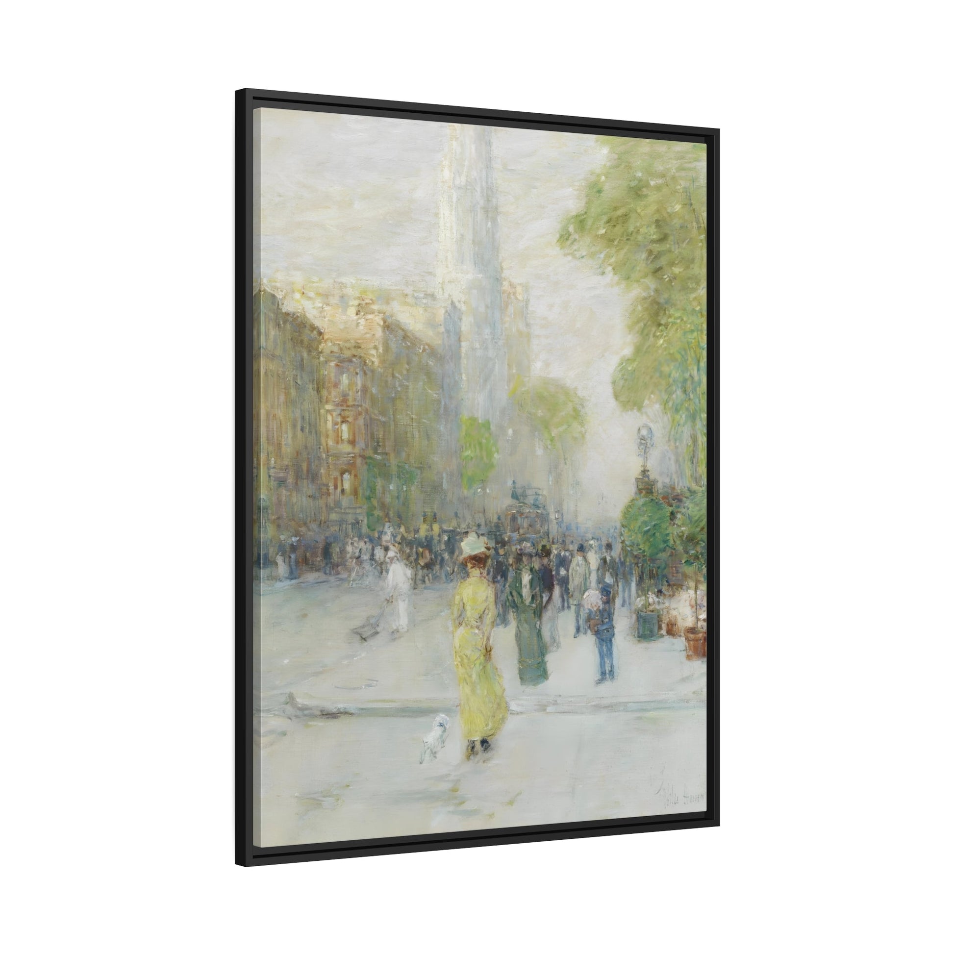 Childe Hassam New York Street - Framed Canvas in Black Pinewood Frame