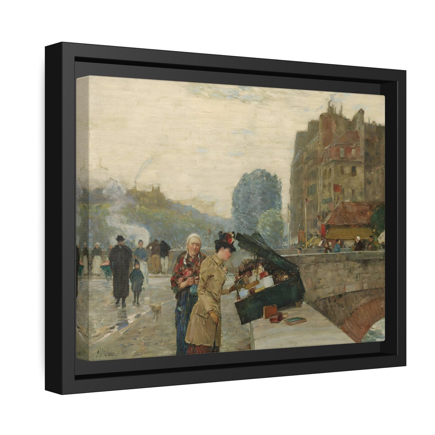 Childe Hassam Quai St. Michel City Landscape - Framed Canvas Wall Art Print in Black Pinewood Frame