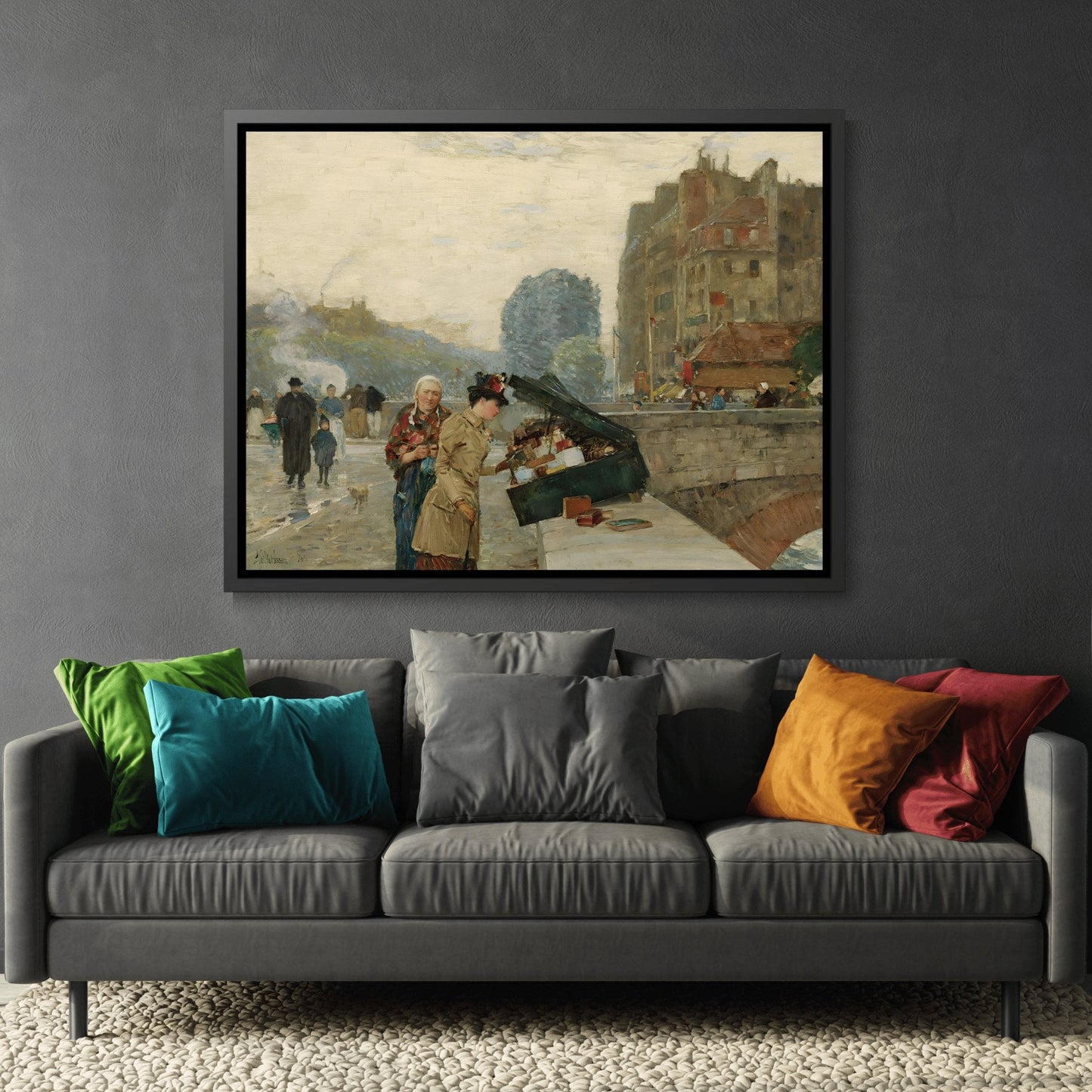 Childe Hassam Quai St. Michel City Landscape - Framed Canvas Wall Art Print in Black Pinewood Frame