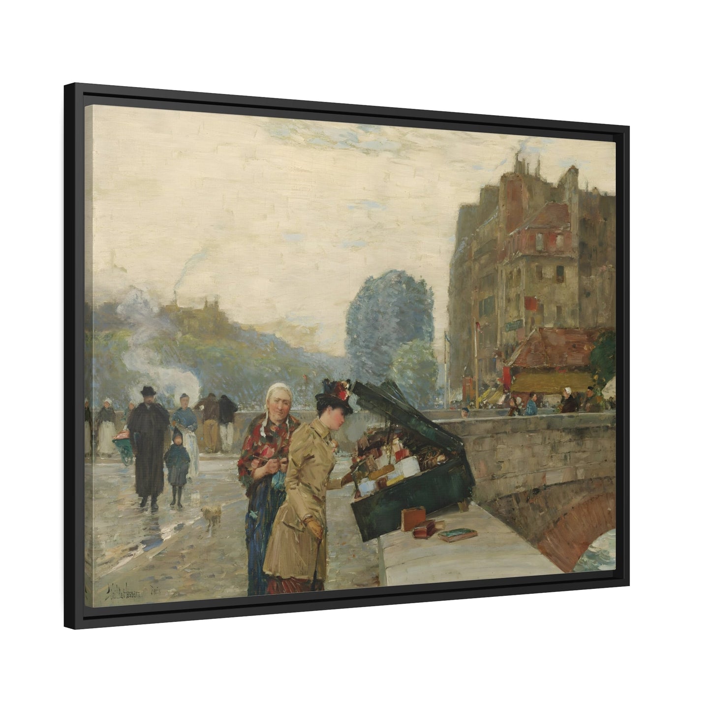 Childe Hassam Quai St. Michel City Landscape - Framed Canvas Wall Art Print in Black Pinewood Frame