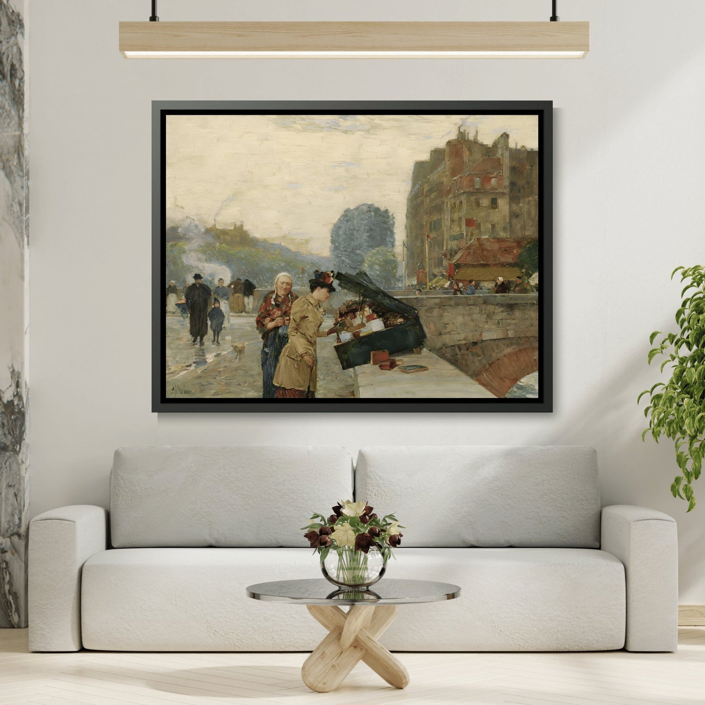 Childe Hassam Quai St. Michel City Landscape - Framed Canvas Wall Art Print in Black Pinewood Frame