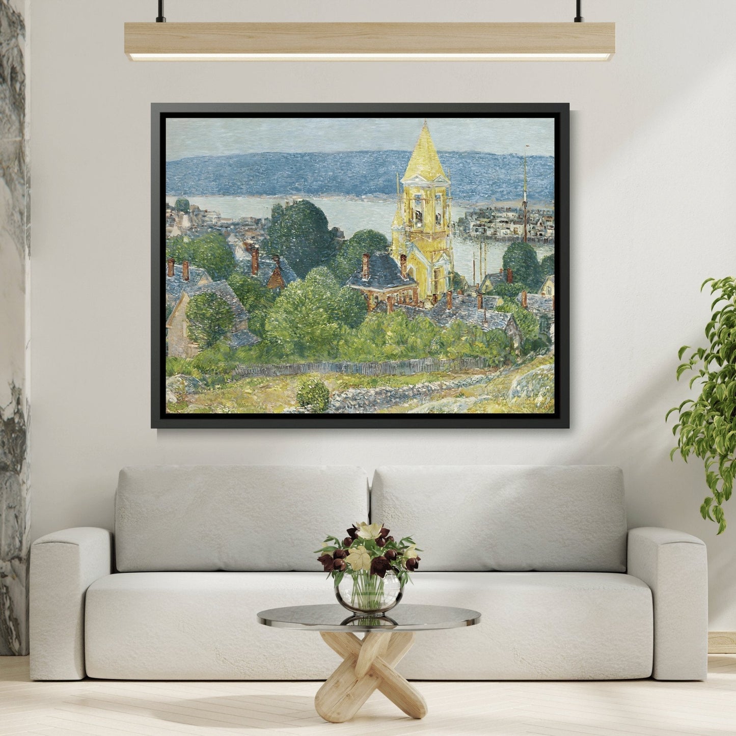 Childe Hassam Shingling the First Baptist Church Gloucester - Framed Canvas Wall Art Print in Black Pinewood Frame