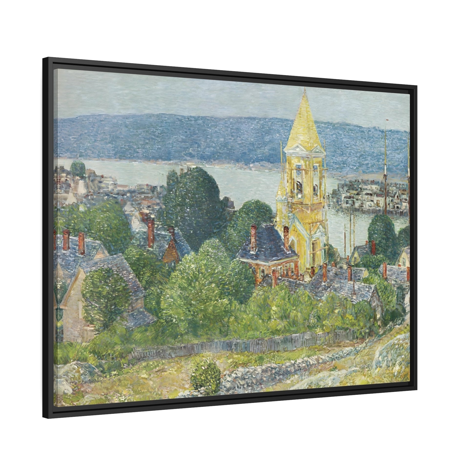 Childe Hassam Shingling the First Baptist Church Gloucester - Framed Canvas Wall Art Print in Black Pinewood Frame