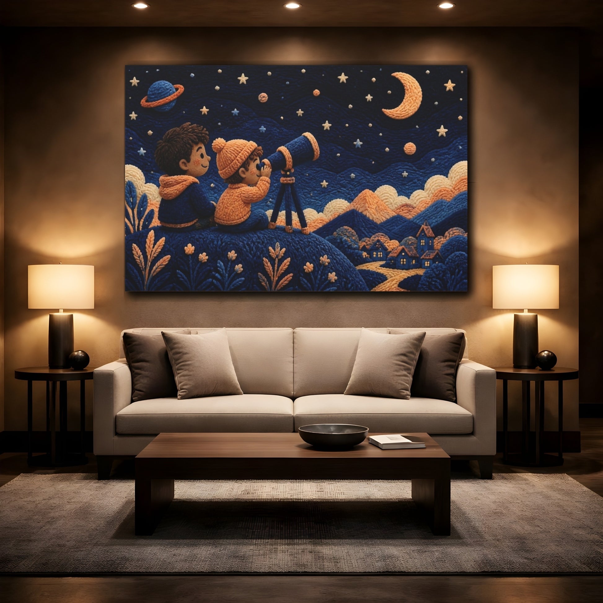 Mockup 2. Children Stargazing Night shown as canvas print