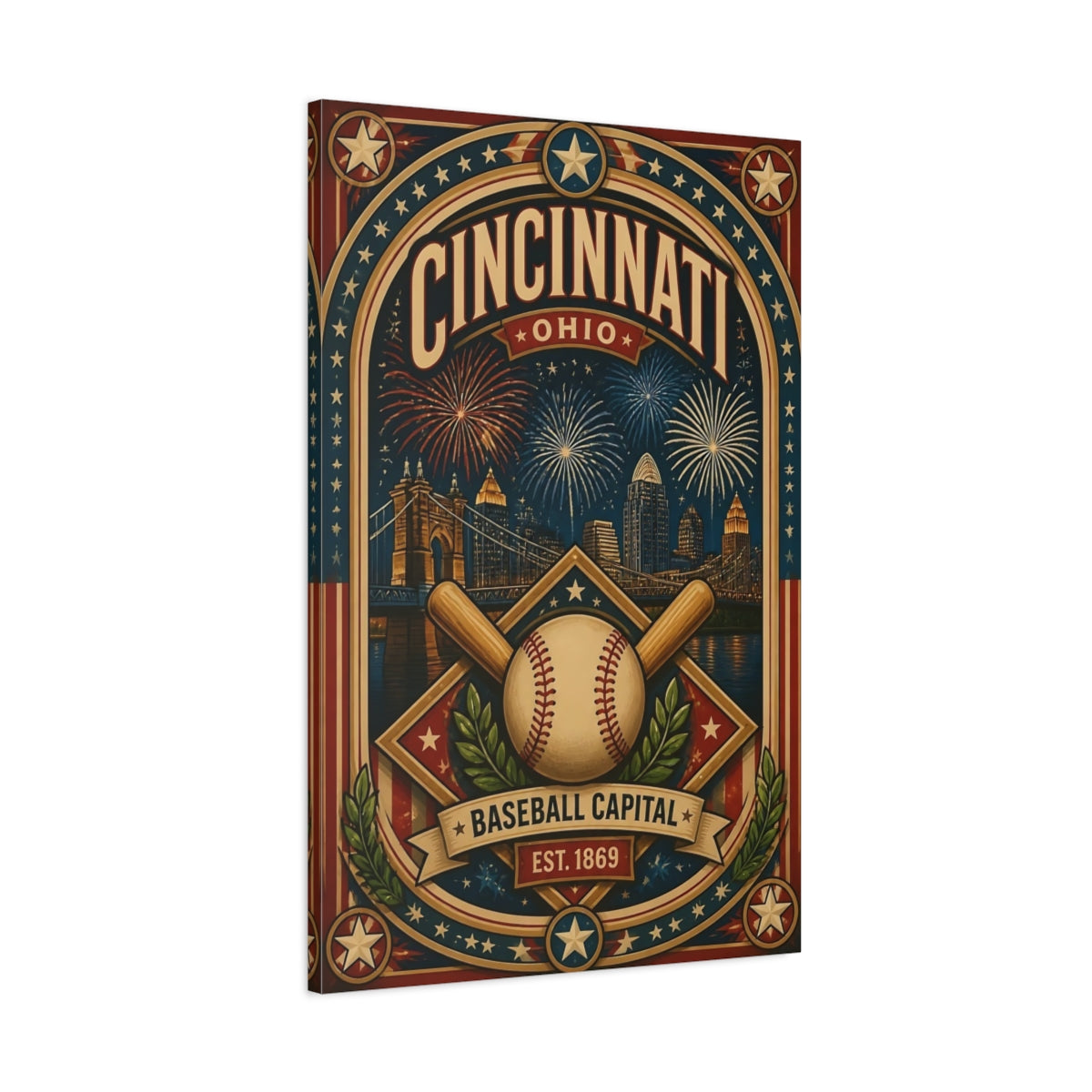 Main Mockup. Cincinnati Baseball Capital shown as canvas print