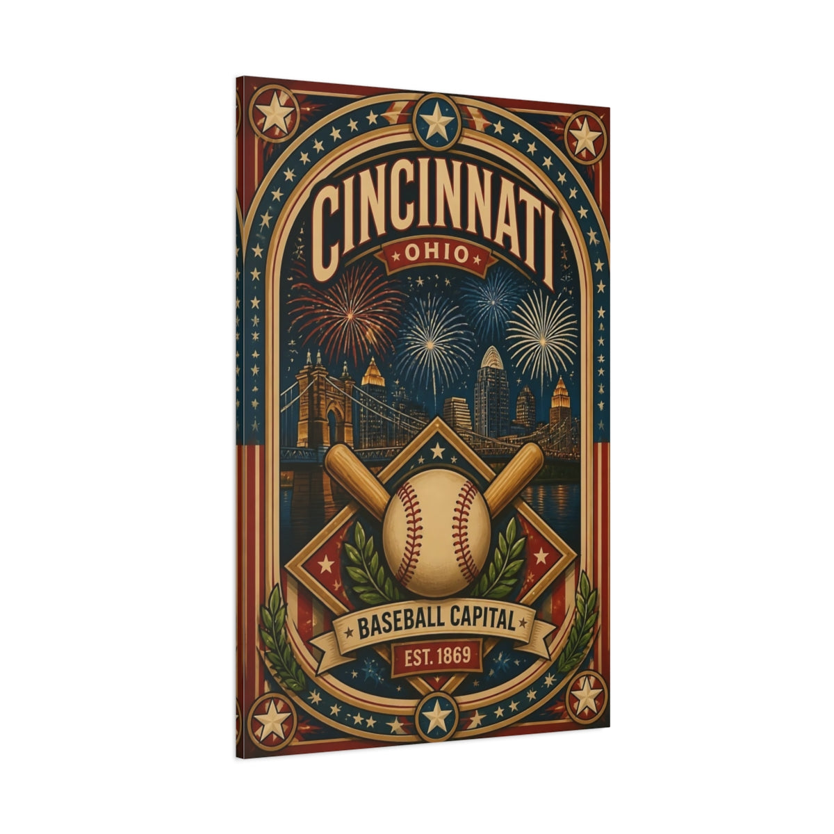 Side Mockup 1. Cincinnati Baseball Capital shown as canvas print