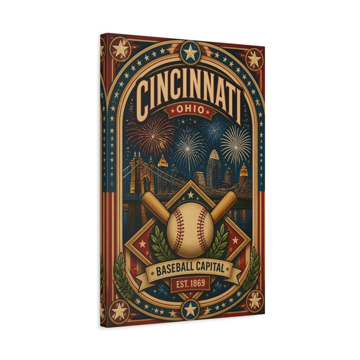 Side Mockup 3. Cincinnati Baseball Capital shown as canvas print