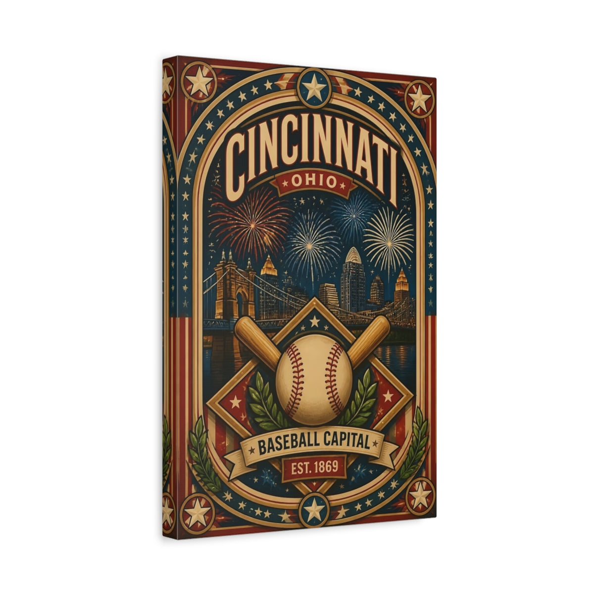 Side Mockup 4. Cincinnati Baseball Capital shown as canvas print