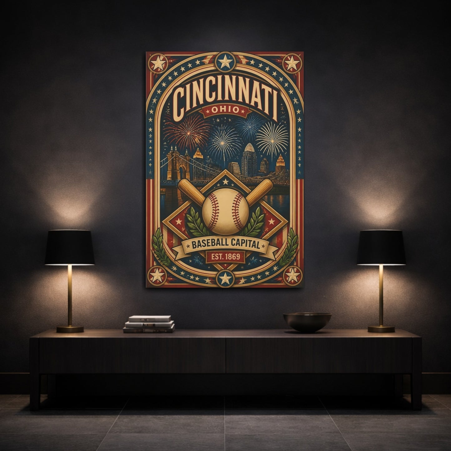 Mockup 3. Cincinnati Baseball Capital shown as canvas print