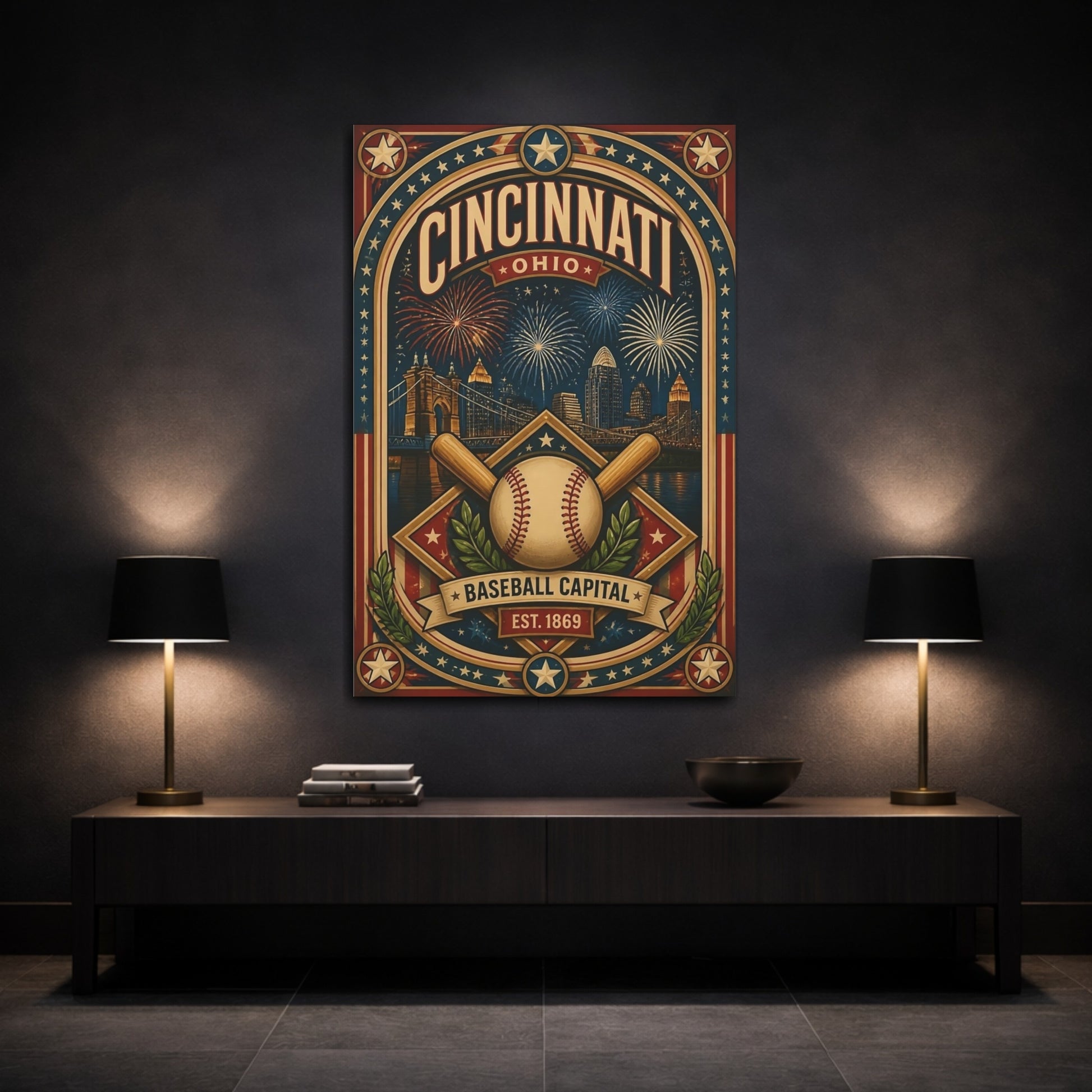 Mockup 3. Cincinnati Baseball Capital shown as canvas print