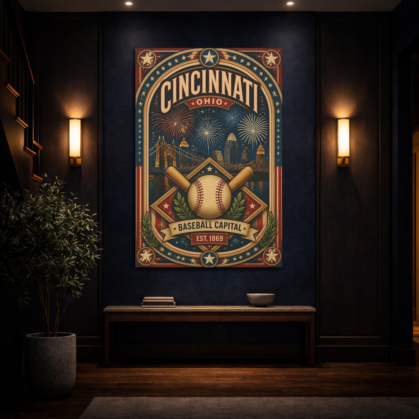 Mockup 4. Cincinnati Baseball Capital shown as canvas print