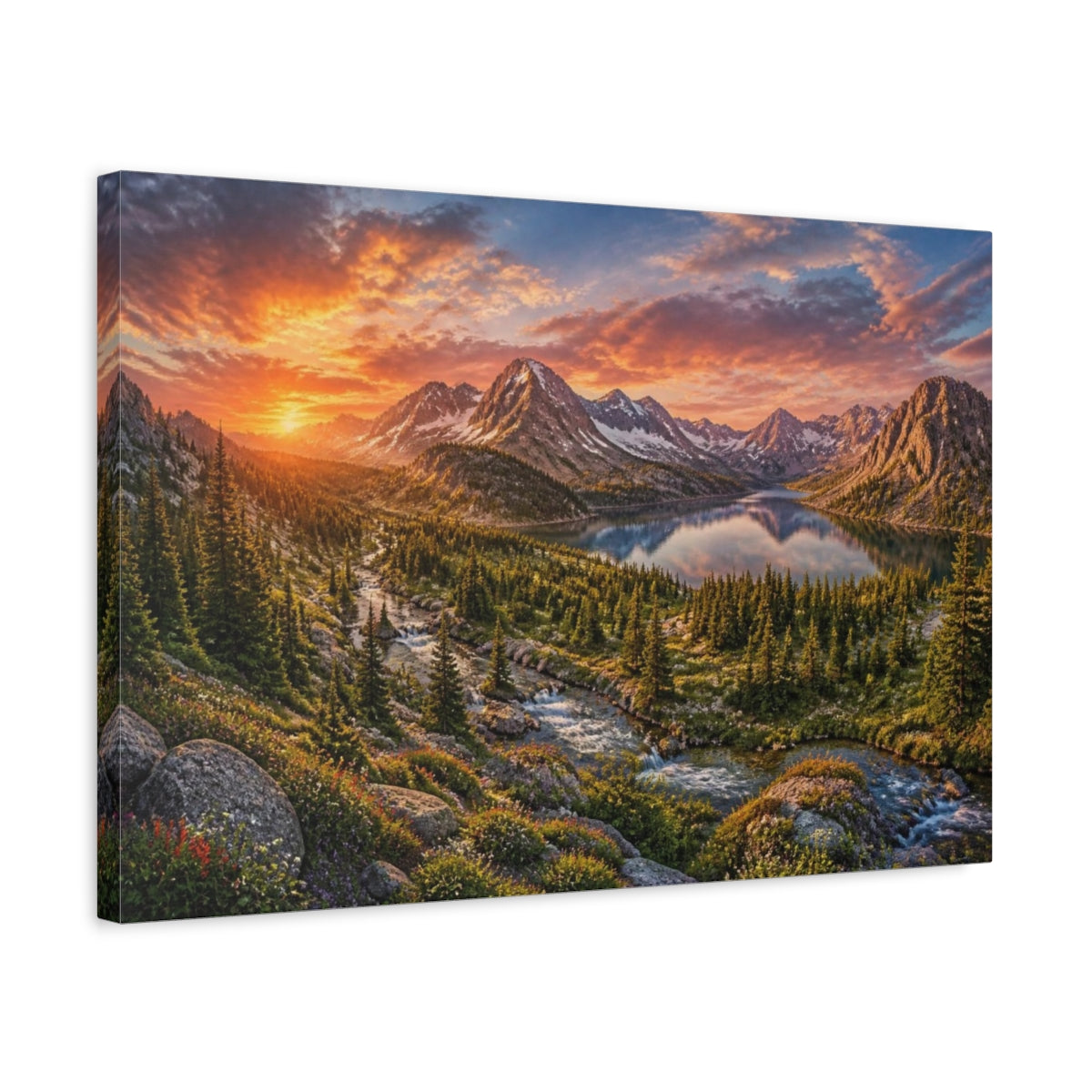 Side Mockup 3. Cinematic Alpine Sunset shown as canvas print