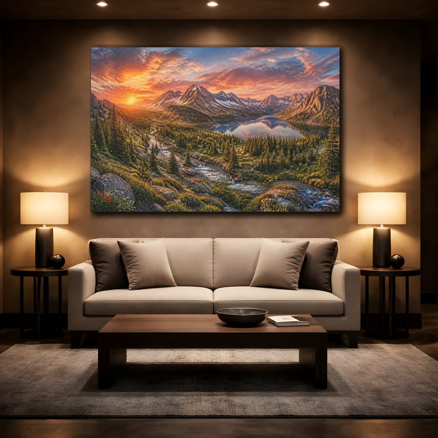 Mockup 2. Cinematic Alpine Sunset shown as canvas print