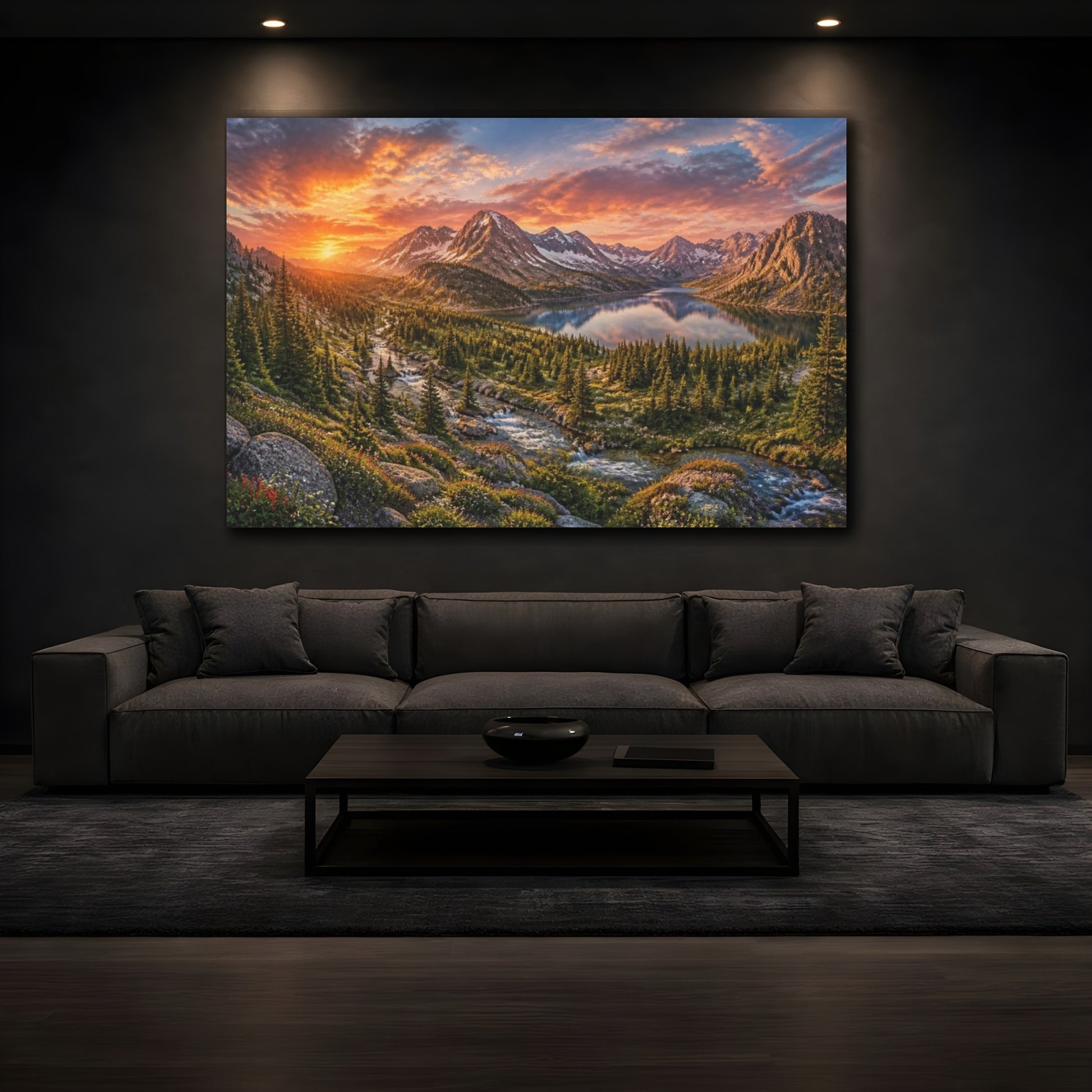 Mockup 3. Cinematic Alpine Sunset shown as canvas print