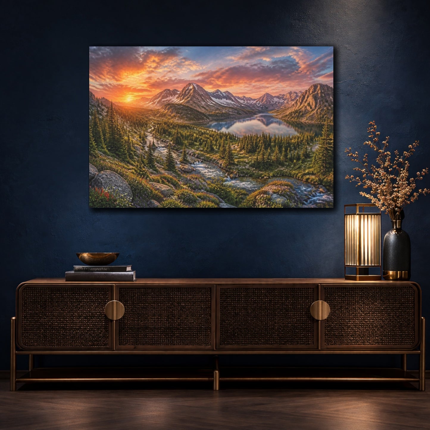 Mockup 4. Cinematic Alpine Sunset shown as canvas print