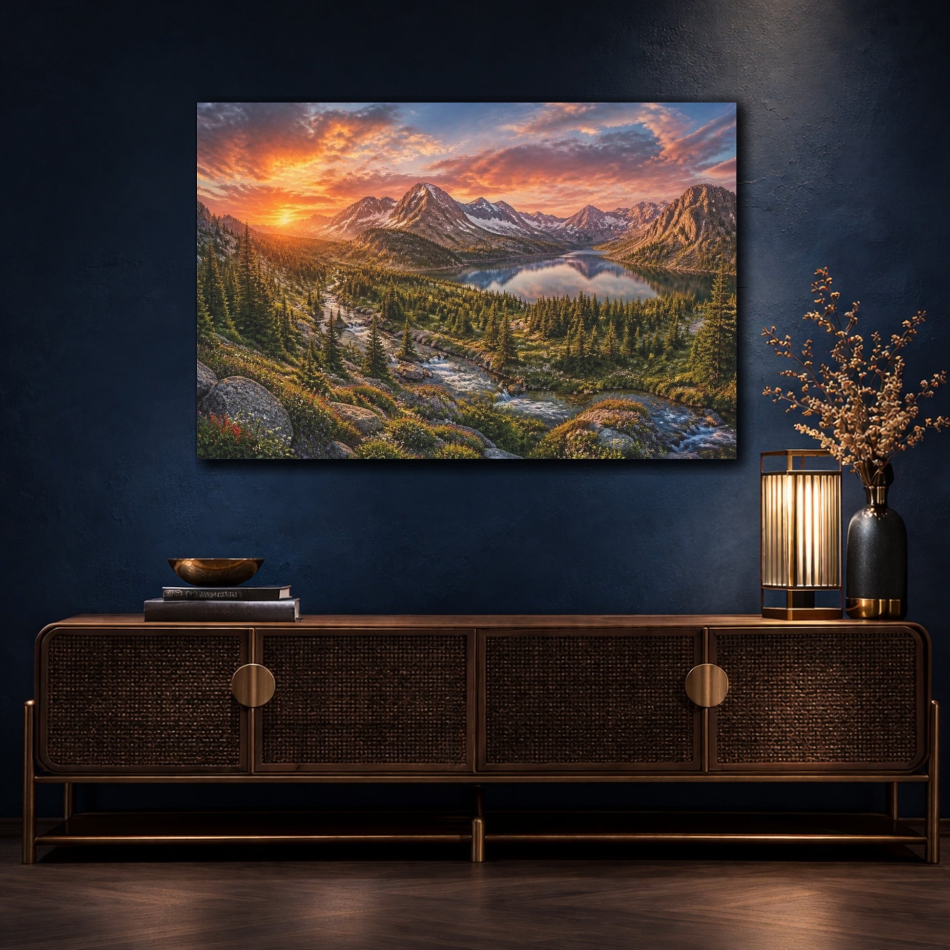 Mockup 4. Cinematic Alpine Sunset shown as canvas print
