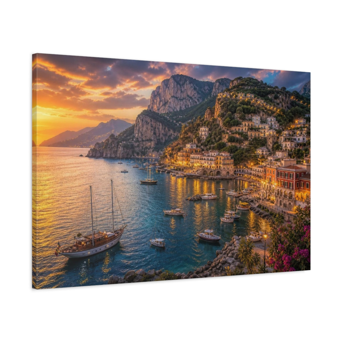 Main Mockup. Cinematic Dusk Harbor shown as canvas print
