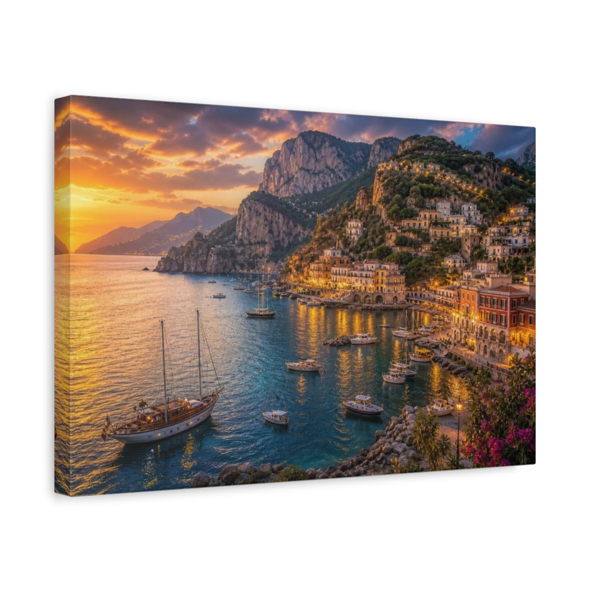 Side Mockup 4. Cinematic Dusk Harbor shown as canvas print