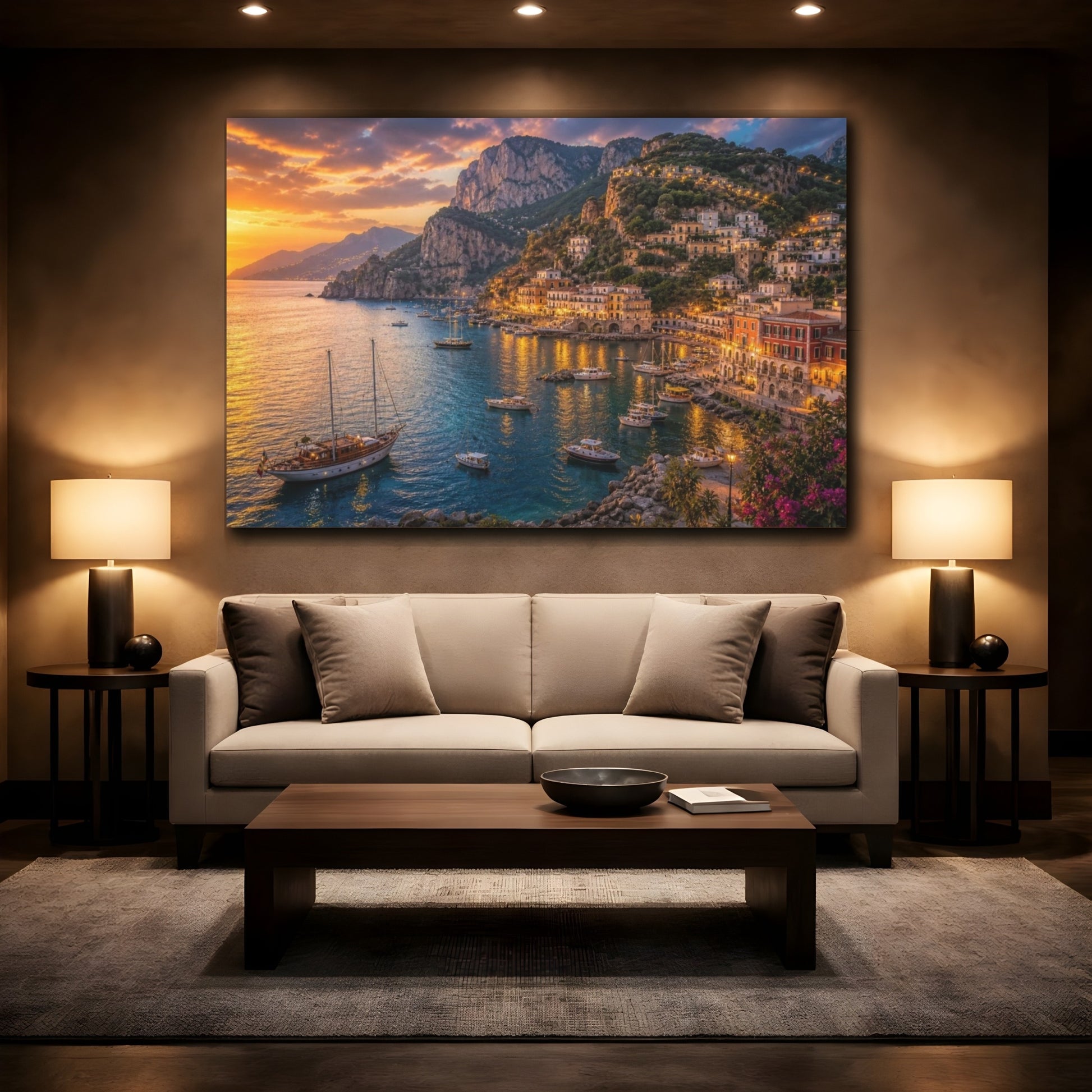 Mockup 2. Cinematic Dusk Harbor shown as canvas print