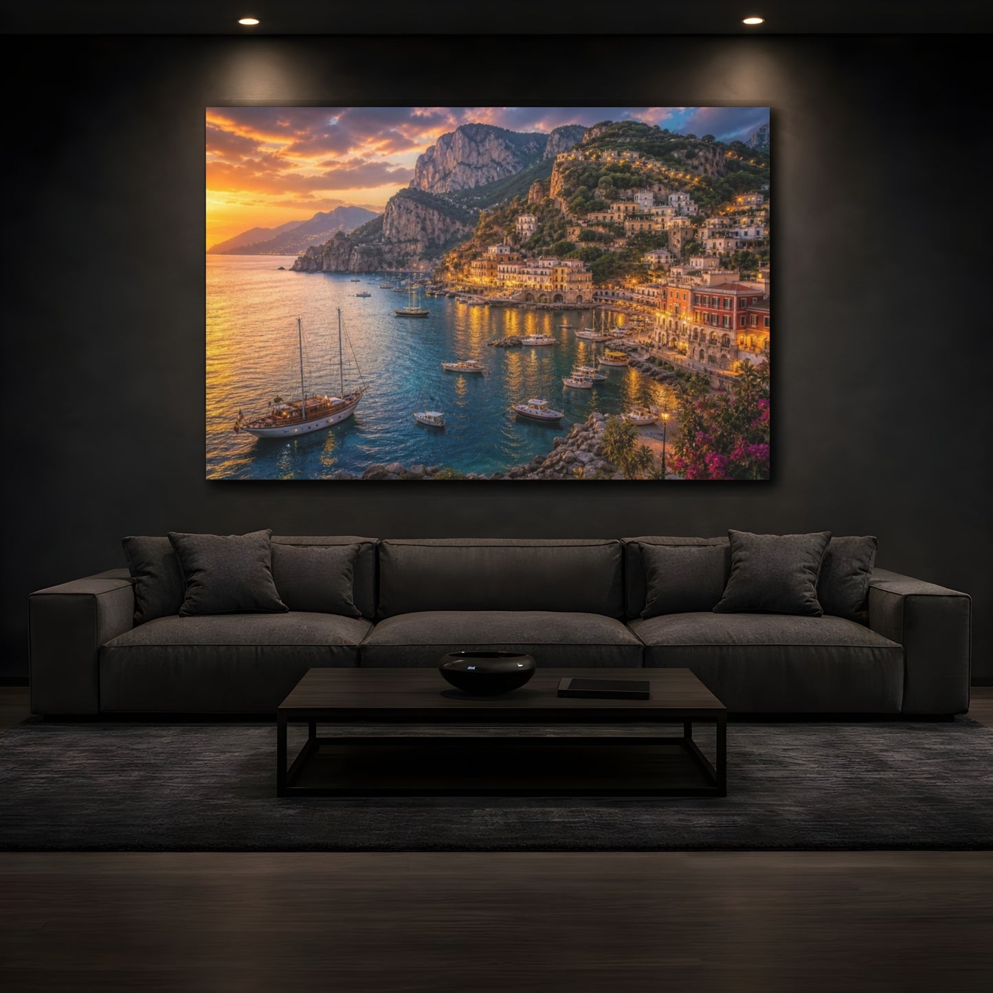 Mockup 3. Cinematic Dusk Harbor shown as canvas print