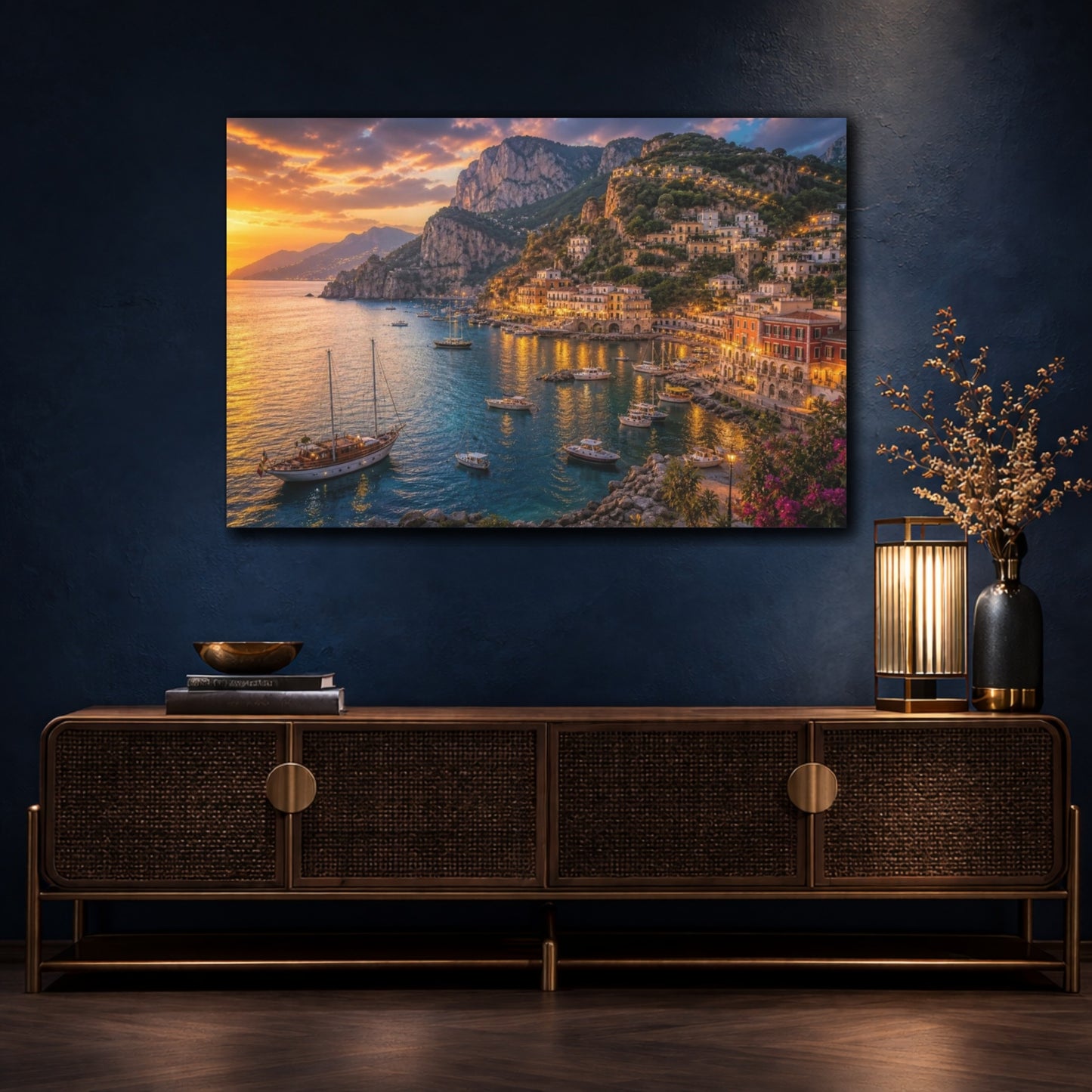 Mockup 4. Cinematic Dusk Harbor shown as canvas print