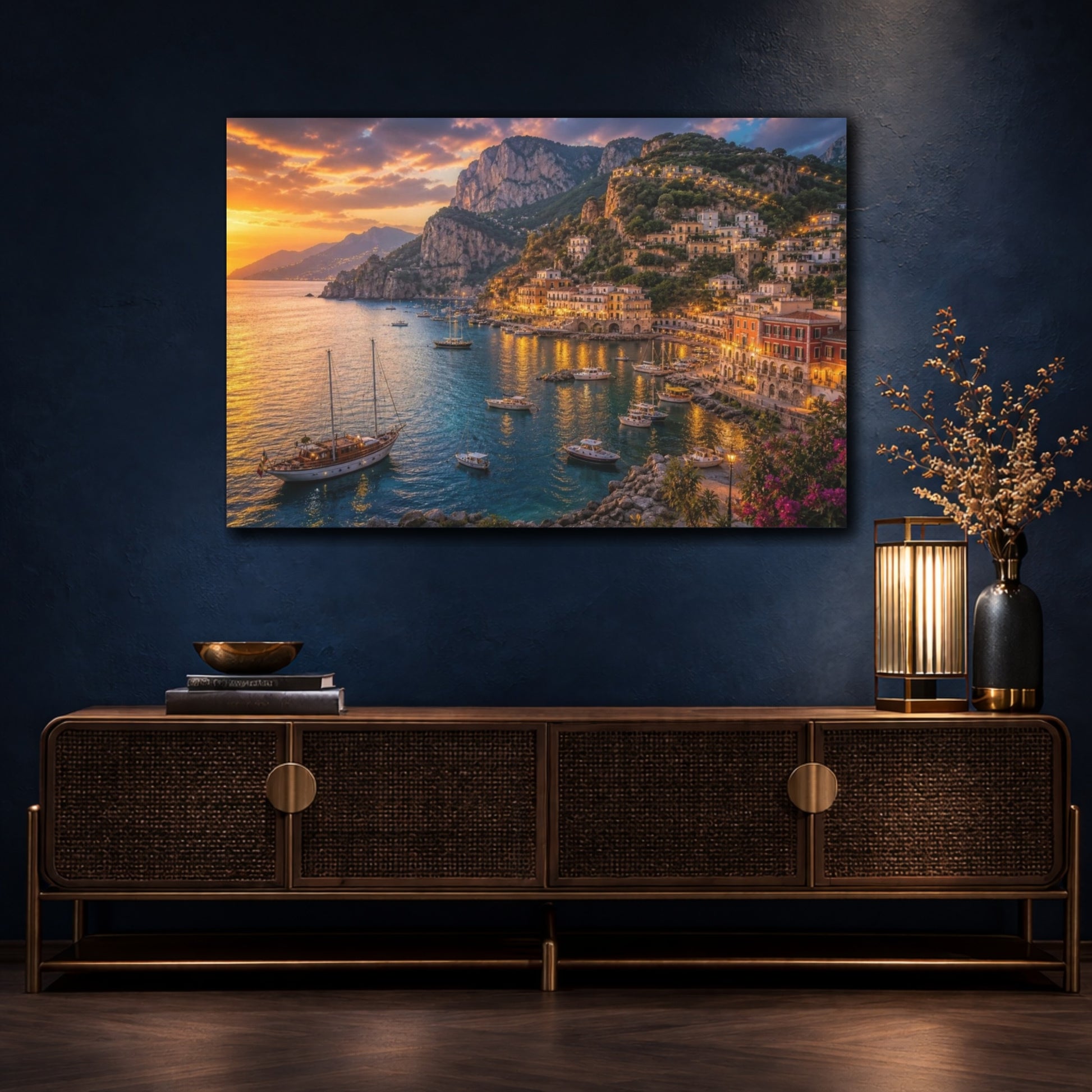Mockup 4. Cinematic Dusk Harbor shown as canvas print