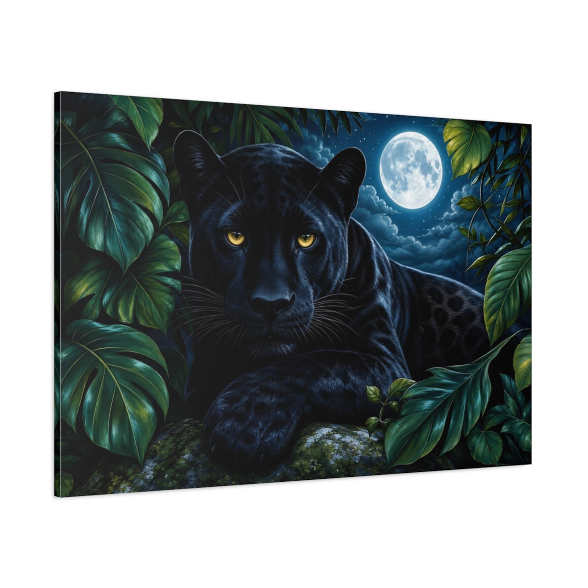 Side Mockup 1. Cinematic Nature Realism Black Panther Beneath Moonlit Jungle Leaves shown as stretched canvas wall art