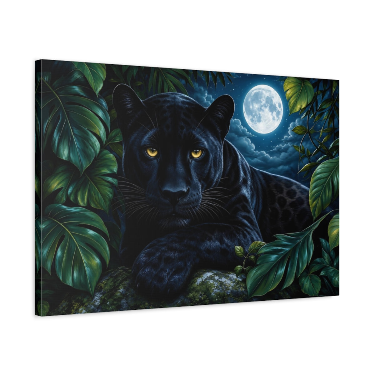Side Mockup 2. Cinematic Nature Realism Black Panther Beneath Moonlit Jungle Leaves shown as stretched canvas wall art