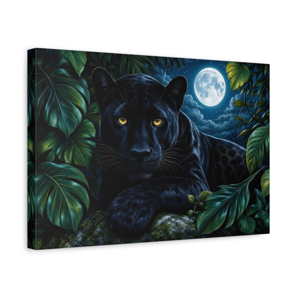 Side Mockup 4. Cinematic Nature Realism Black Panther Beneath Moonlit Jungle Leaves shown as stretched canvas wall art