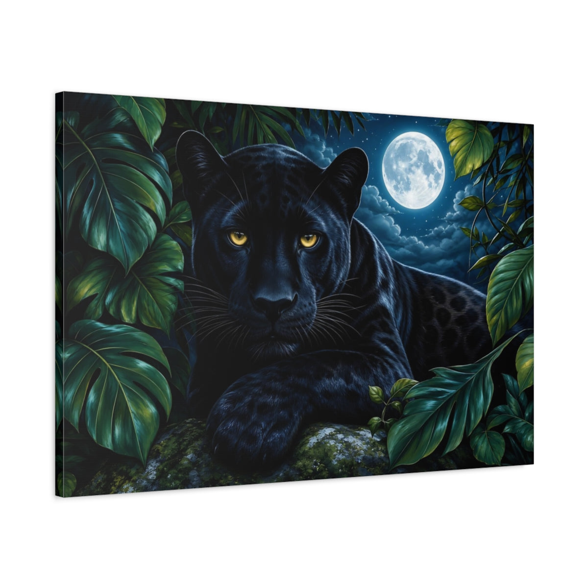 Main Mockup. Cinematic Nature Realism Black Panther Beneath Moonlit Jungle Leaves shown as stretched canvas wall art