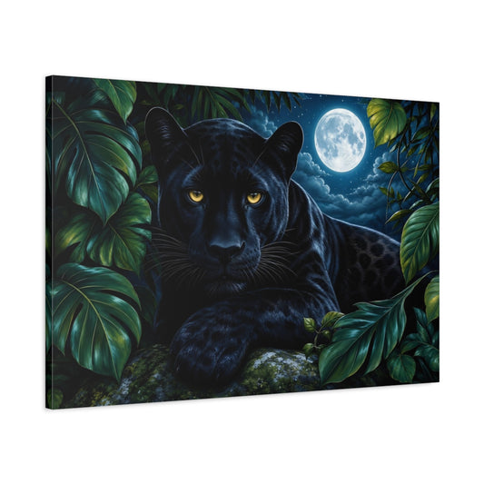 Main Mockup. Cinematic Nature Realism Black Panther Beneath Moonlit Jungle Leaves shown as stretched canvas wall art