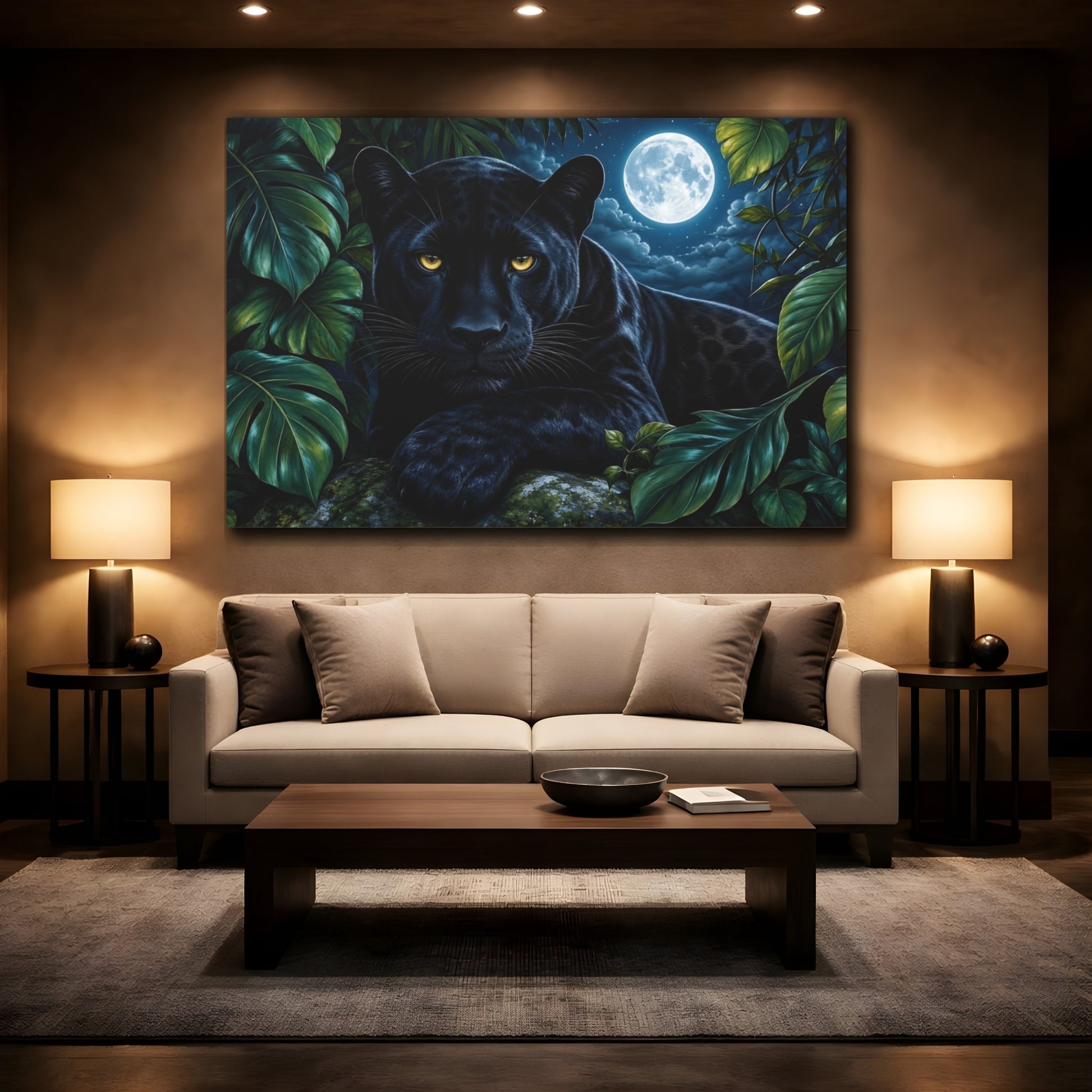 Mockup 2. Cinematic Nature Realism Black Panther Beneath Moonlit Jungle Leaves shown as stretched canvas wall art