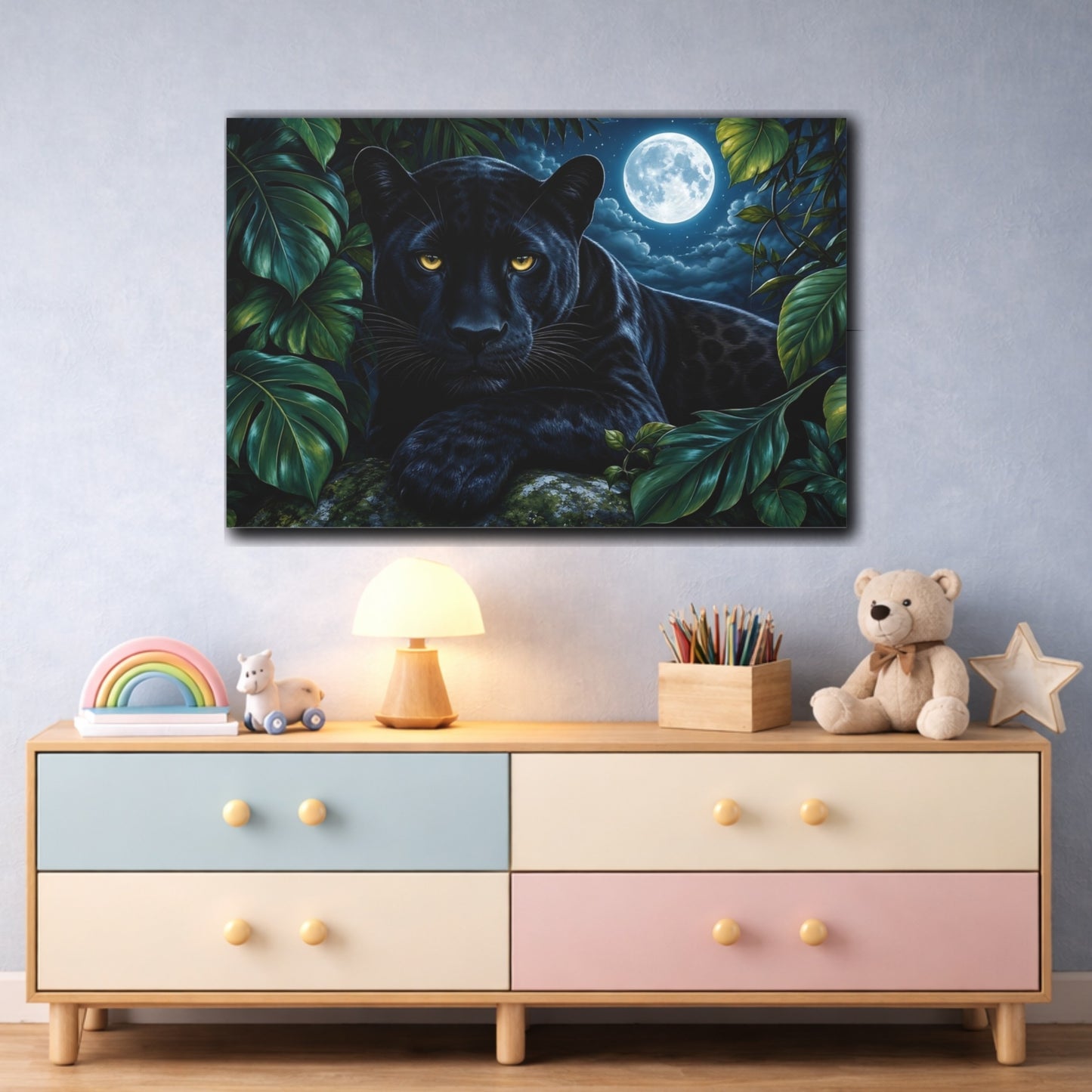 Mockup 3. Cinematic Nature Realism Black Panther Beneath Moonlit Jungle Leaves shown as stretched canvas wall art